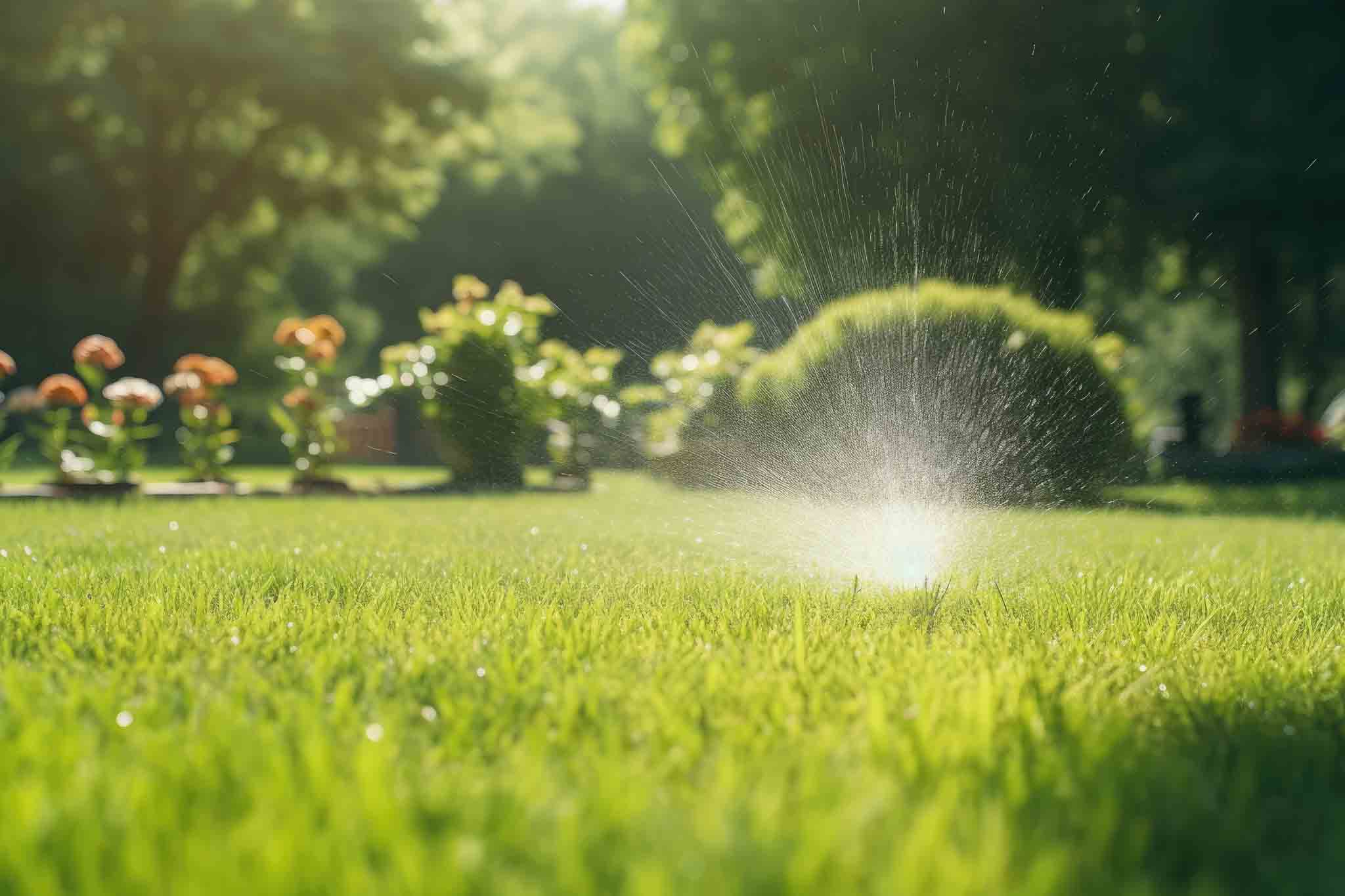 Gardening concept. Irrigation system watering grass in the garden, Automatic sprinkler system watering the lawn.